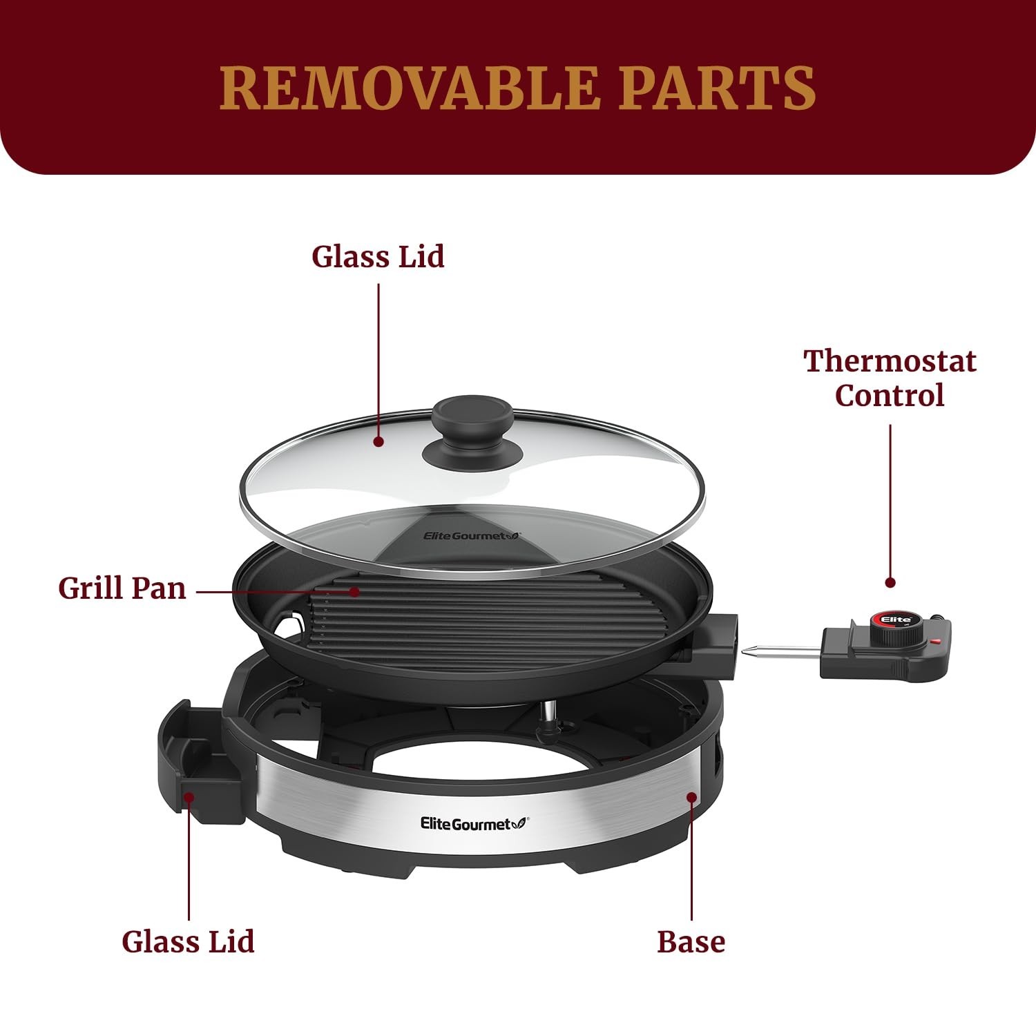 Indoor Electric BBQ Grill, Non-Stick 12″ with Glass Lid, Adjustable Temp, Fast H