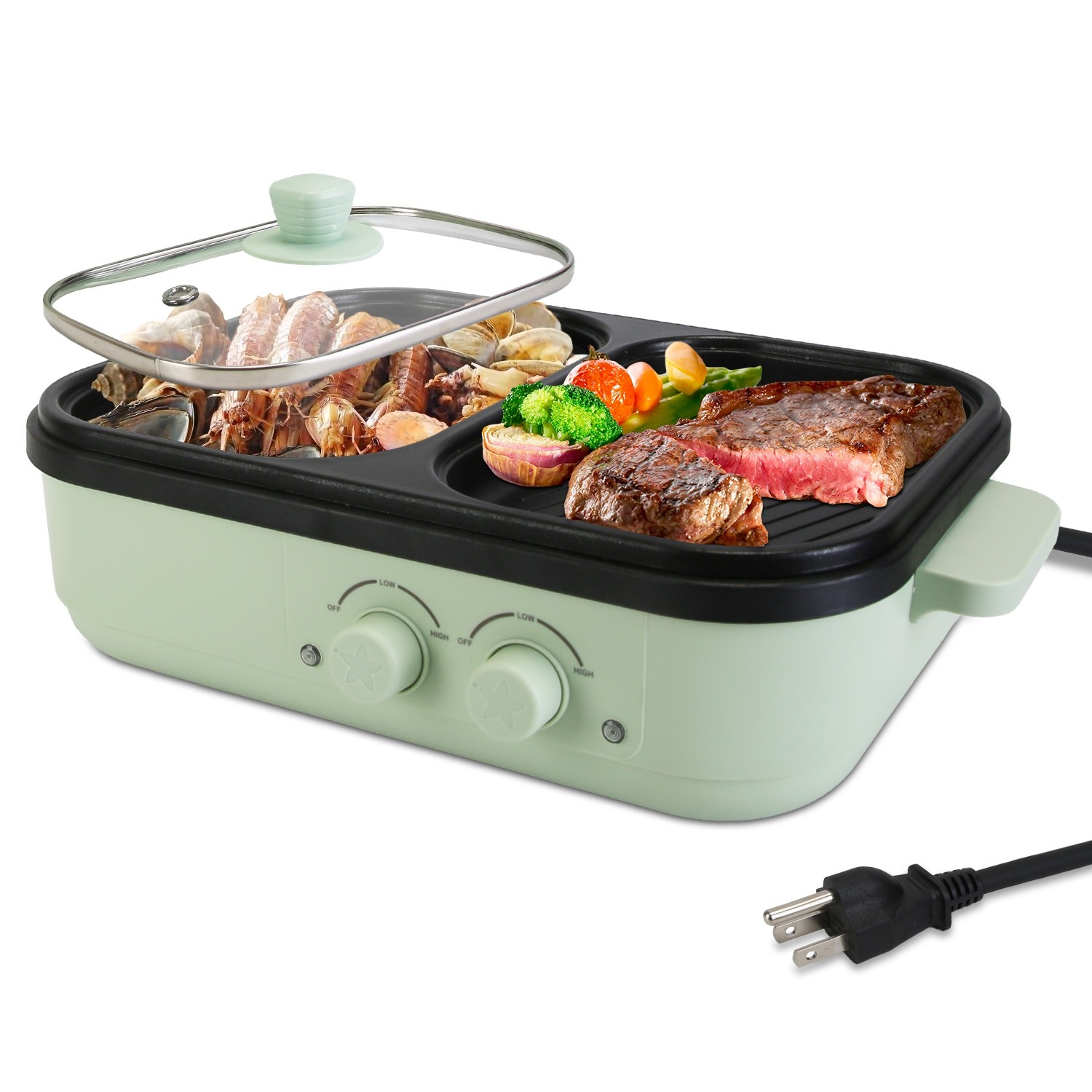 Electric 2in1 Hot Pot Griddle BBQ Grill Hot Pot Oven Non-Stick Frying Pan 1300W