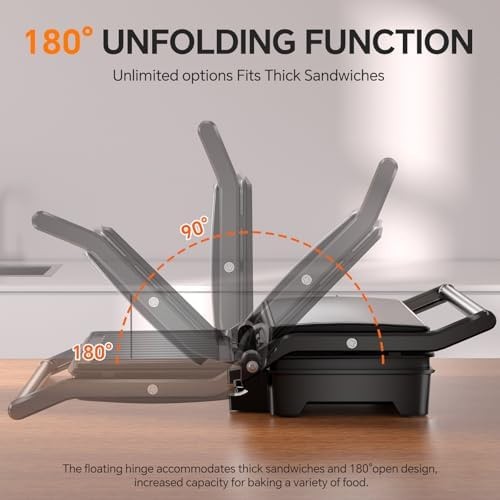 Panini Press Grill, 1000W Sandwich Maker with Non-Stick Coated Plates, Opens …