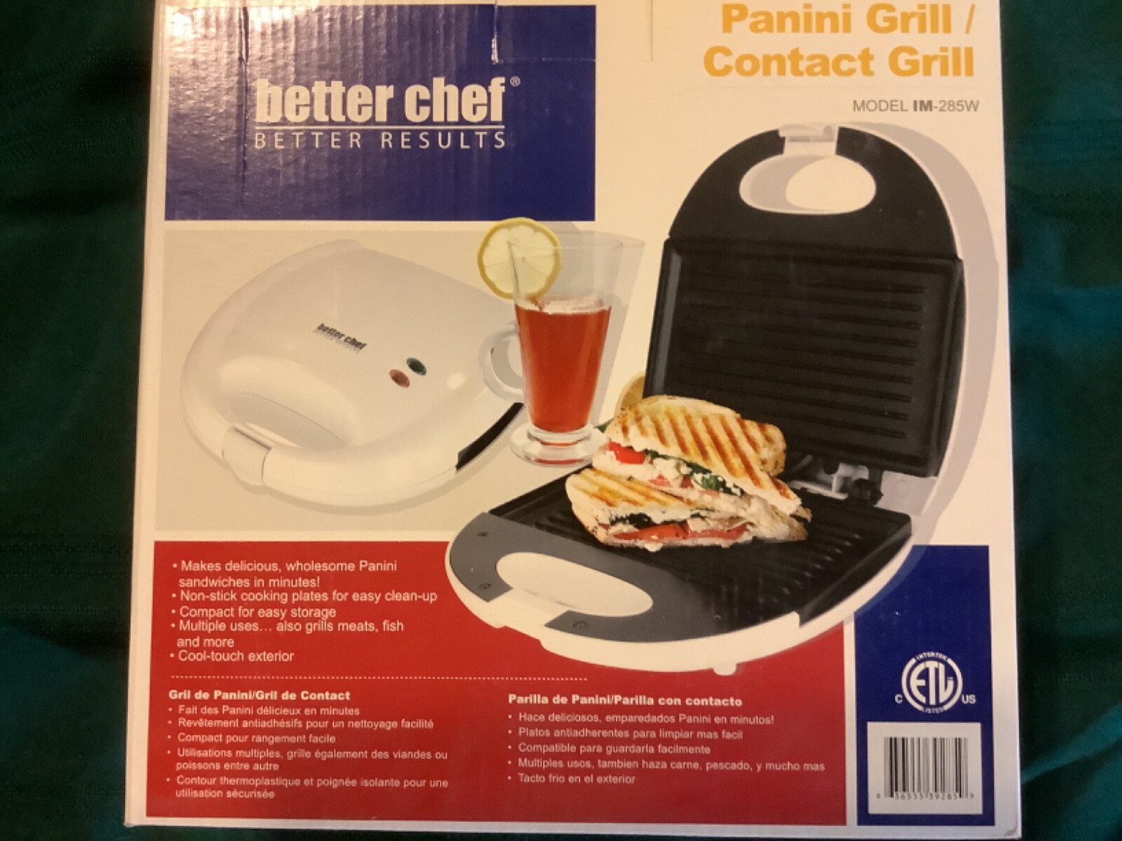 Better Chef White Panini Grill IM-285W Brand New in Box Sandwich Cooker