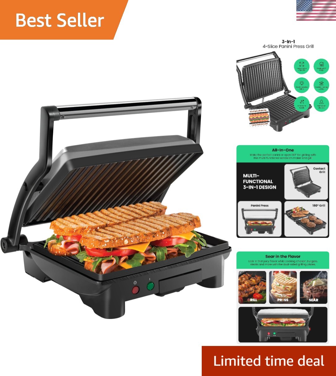 and Gourmet Sandwich Maker Non-Stick Coated Plates, Opens 180 Degrees to Fit …