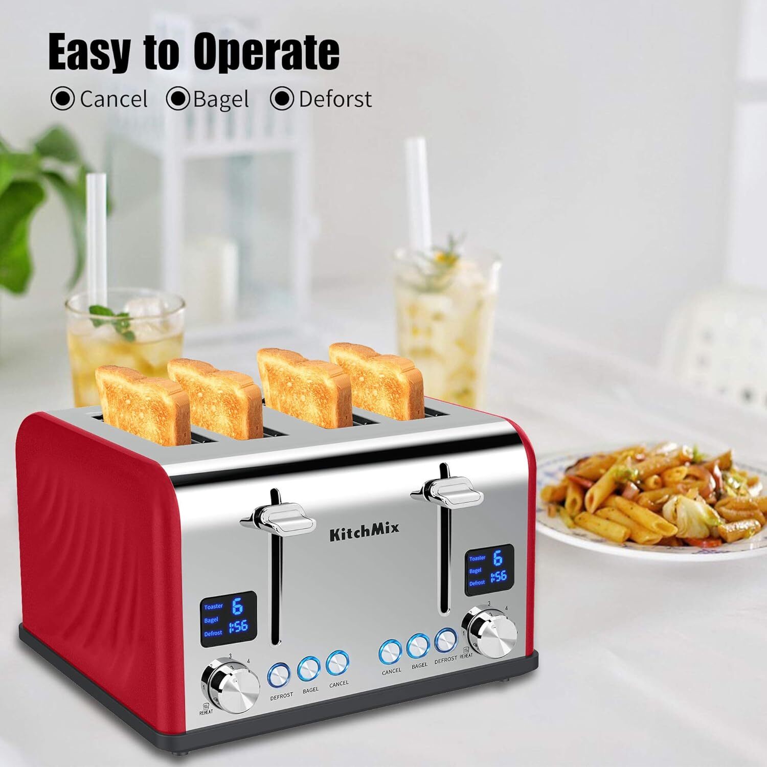 Toaster 4 Slice, KitchMix Bagel Stainless with LCD Timer, Extra Red