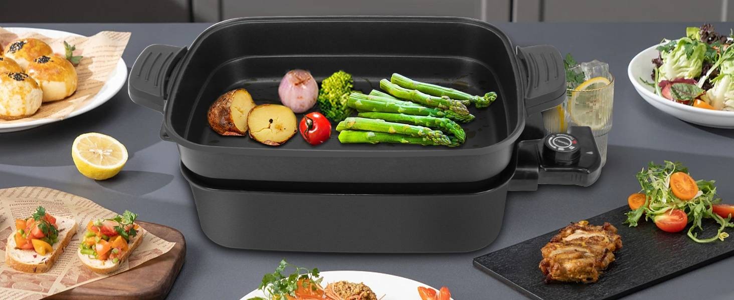 3-in-1 Multifunctional Electric Grill,Electric Skillet Nonstick with Lids 1400W