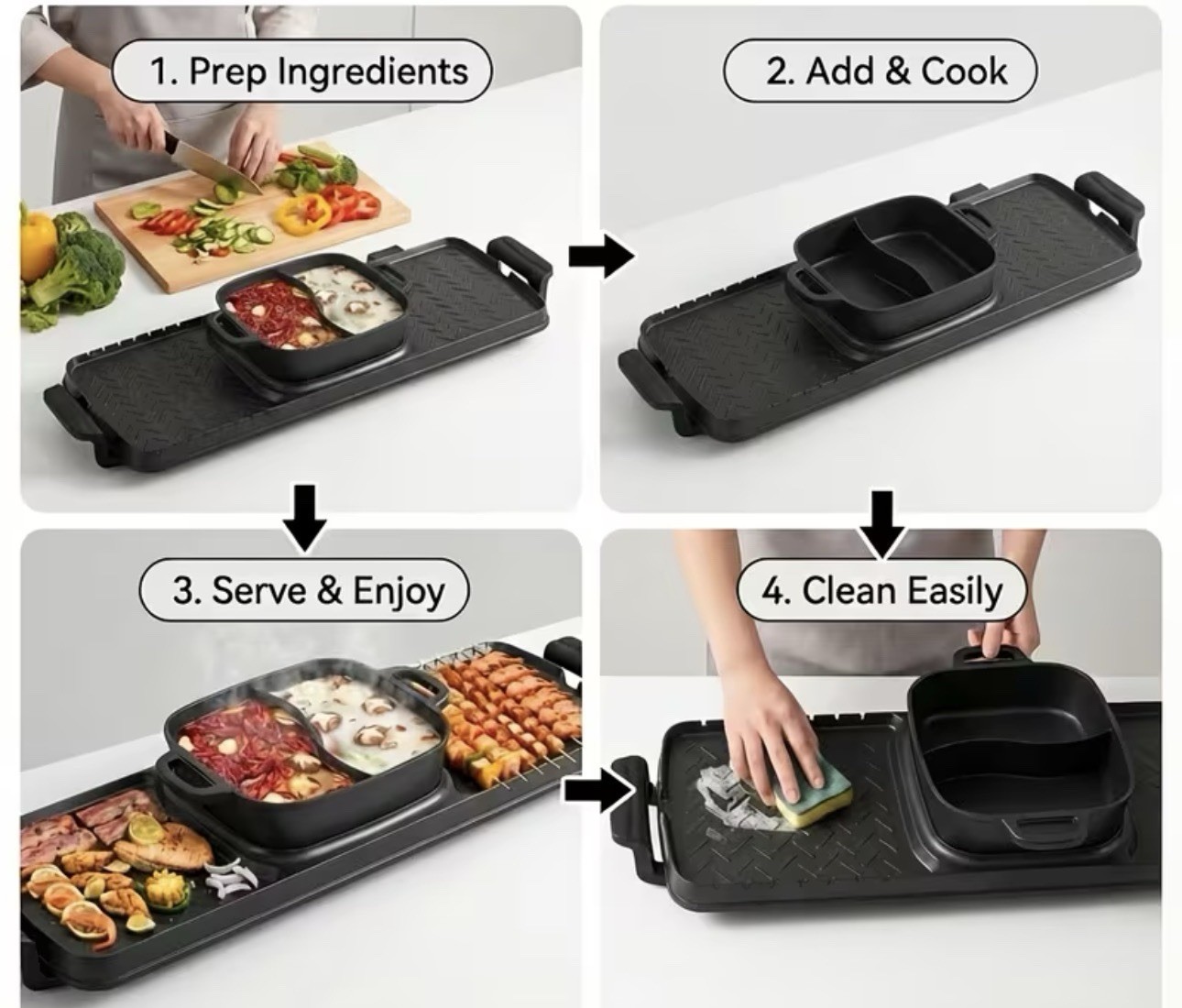 Bosch HMT72M450 Indoor Electric Grill Dual Cooking Zones Non-Stick Hot Pot Black