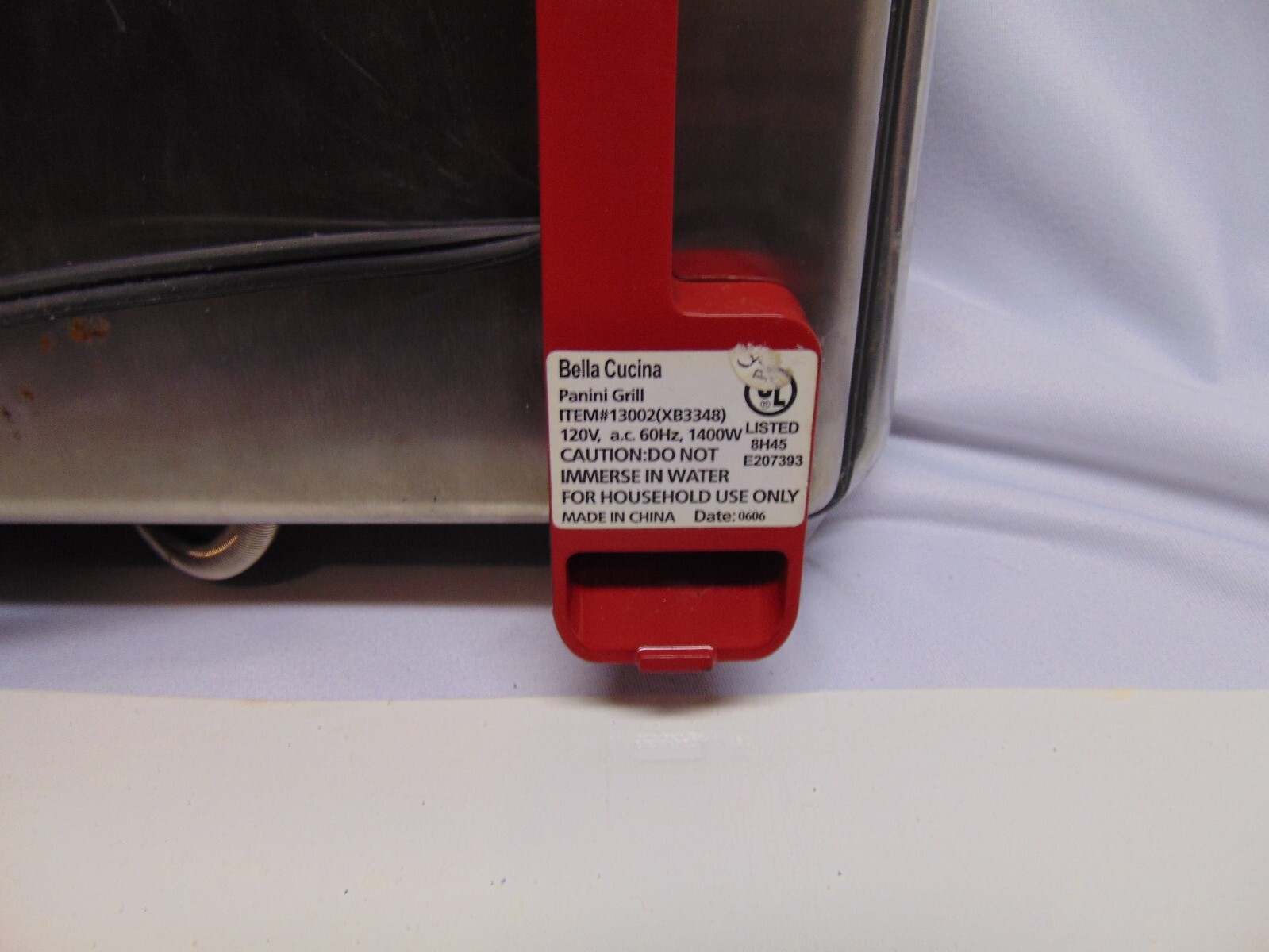 Bella Cucina Panini Grill with red handle #13002 1400W 12″ x 10 grilling surface