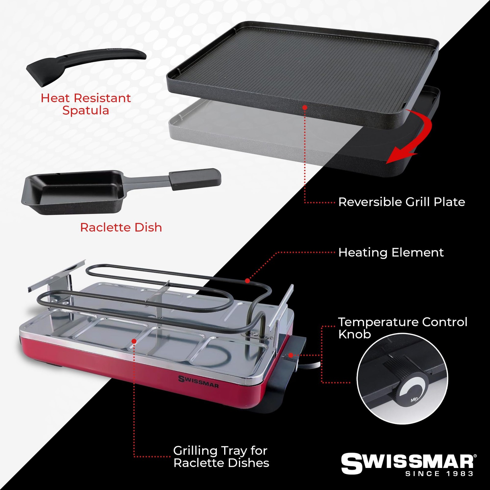 Swissmar Classic 8-Person Electric Raclette Grill Red 1200W Reversible Crepe Top