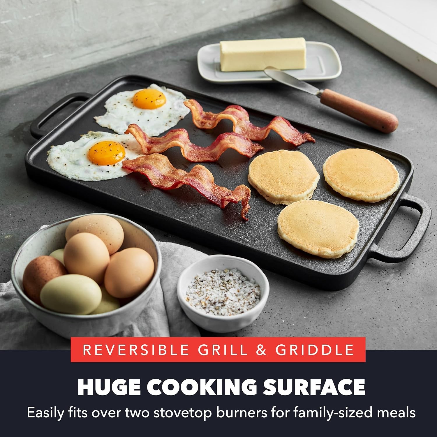 x Bobby Flay 16.5 x 9.5 Cast Iron Reversible Double Burner Griddle | Natural