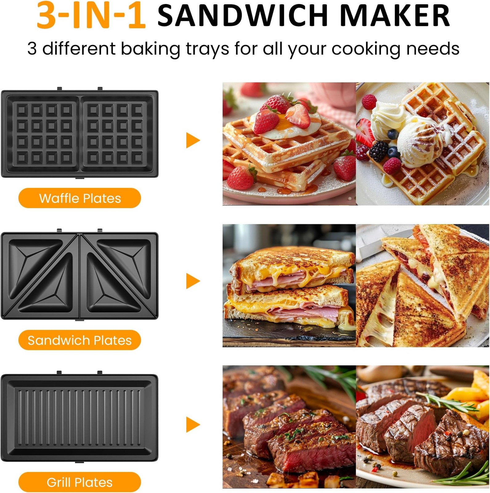 3 in 1 Electric Sandwich Maker with Removable Nonstick Plates – 800W,Black | …
