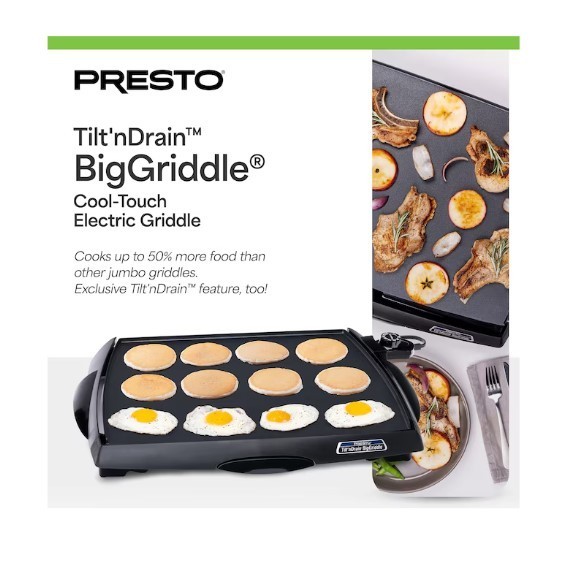 Presto Tilt Feetn Drain Electric BigGriddle Nonstick Ceramic Cooking Surface