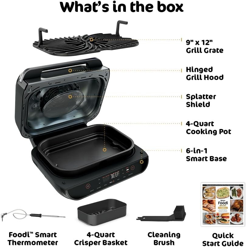 Smart 6-in-1 Indoor Grill & Air Fryer with Thermometer & Splatter Shield