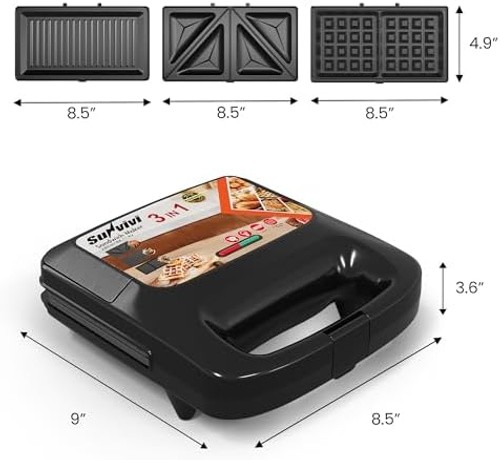 3 in 1 Electric Sandwich Maker with Removable Nonstick Plates – 800W,Black | …