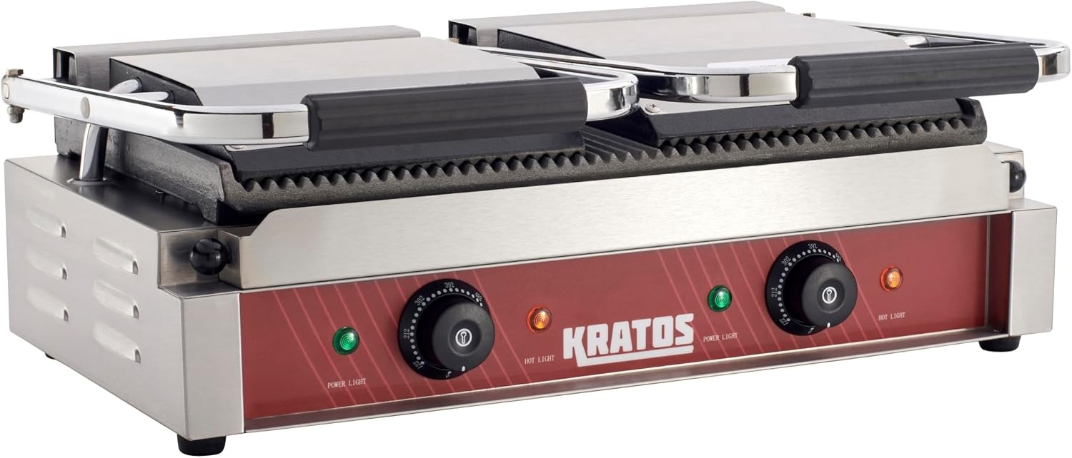 Commercial Electric Panini Sandwich Grill with Grooved Plates | 18.7″ x 9″