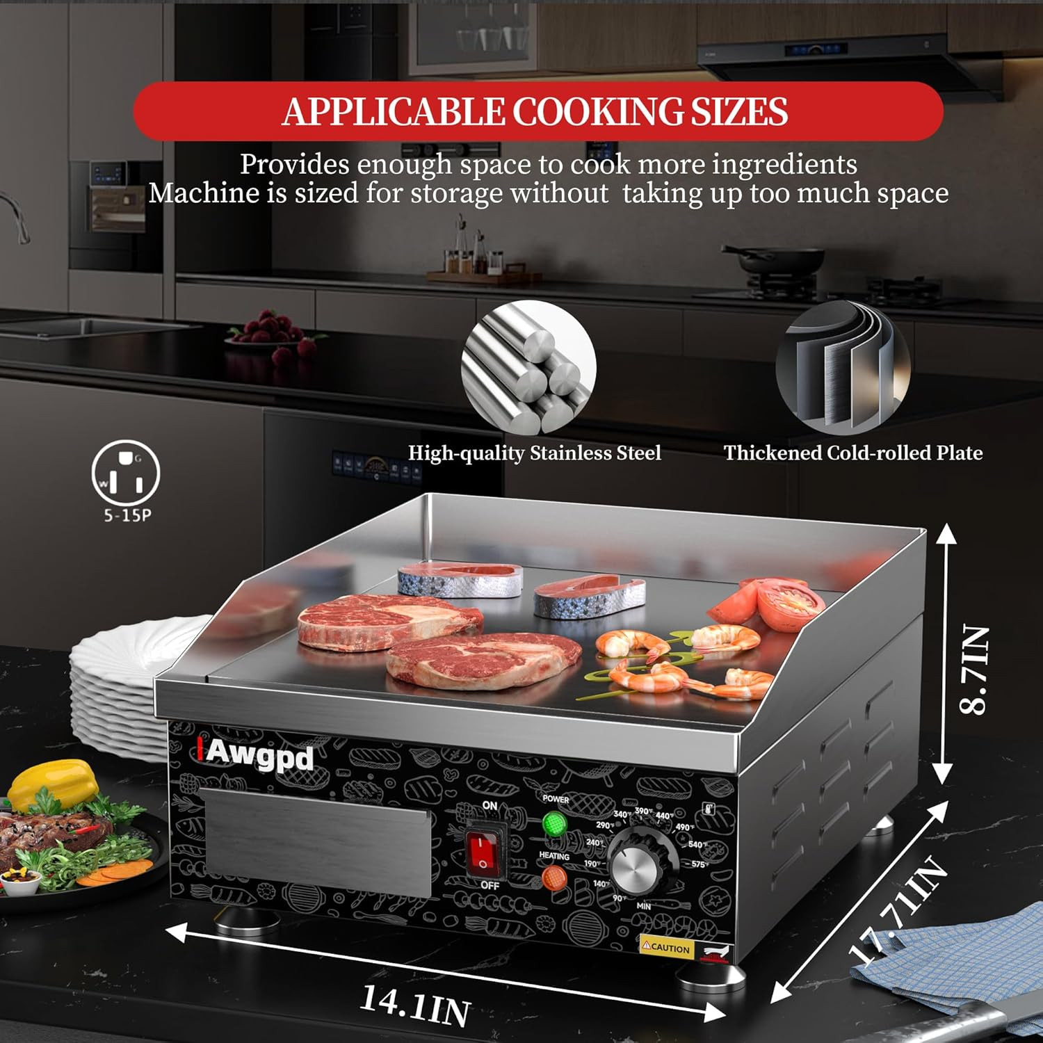 14″ Commercial Electric Griddle,Electric Countertop Flat Top Griddle,110V 1800W