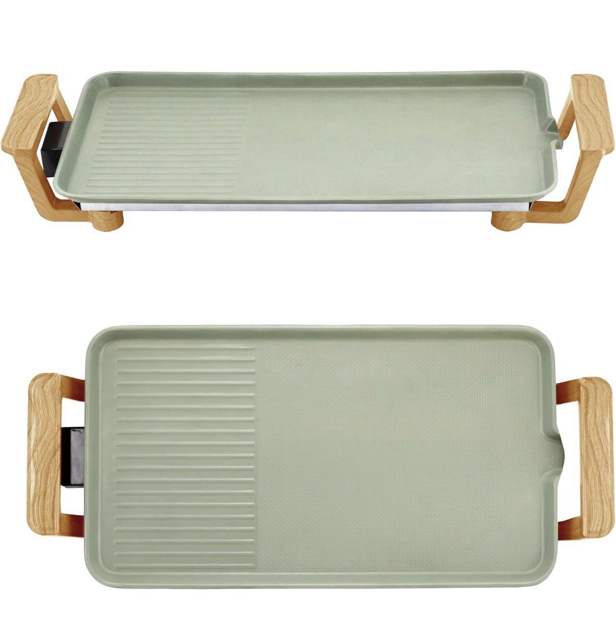 Living Electric Grill Rectangular Indoor Non-Stick Green with Wooden Handles