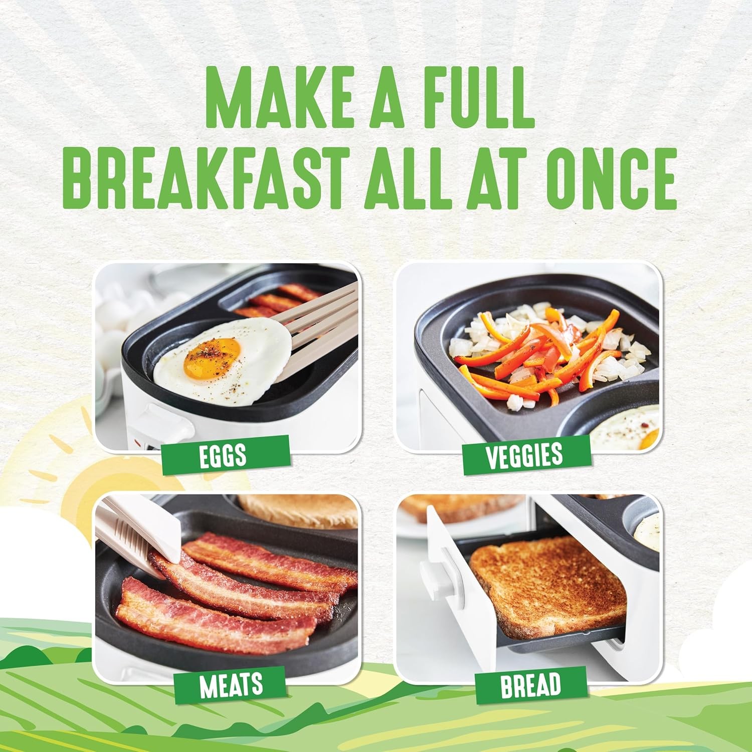 3-in-1 Breakfast Maker, Healthy Ceramic Non-stick Double Frying Pan, White