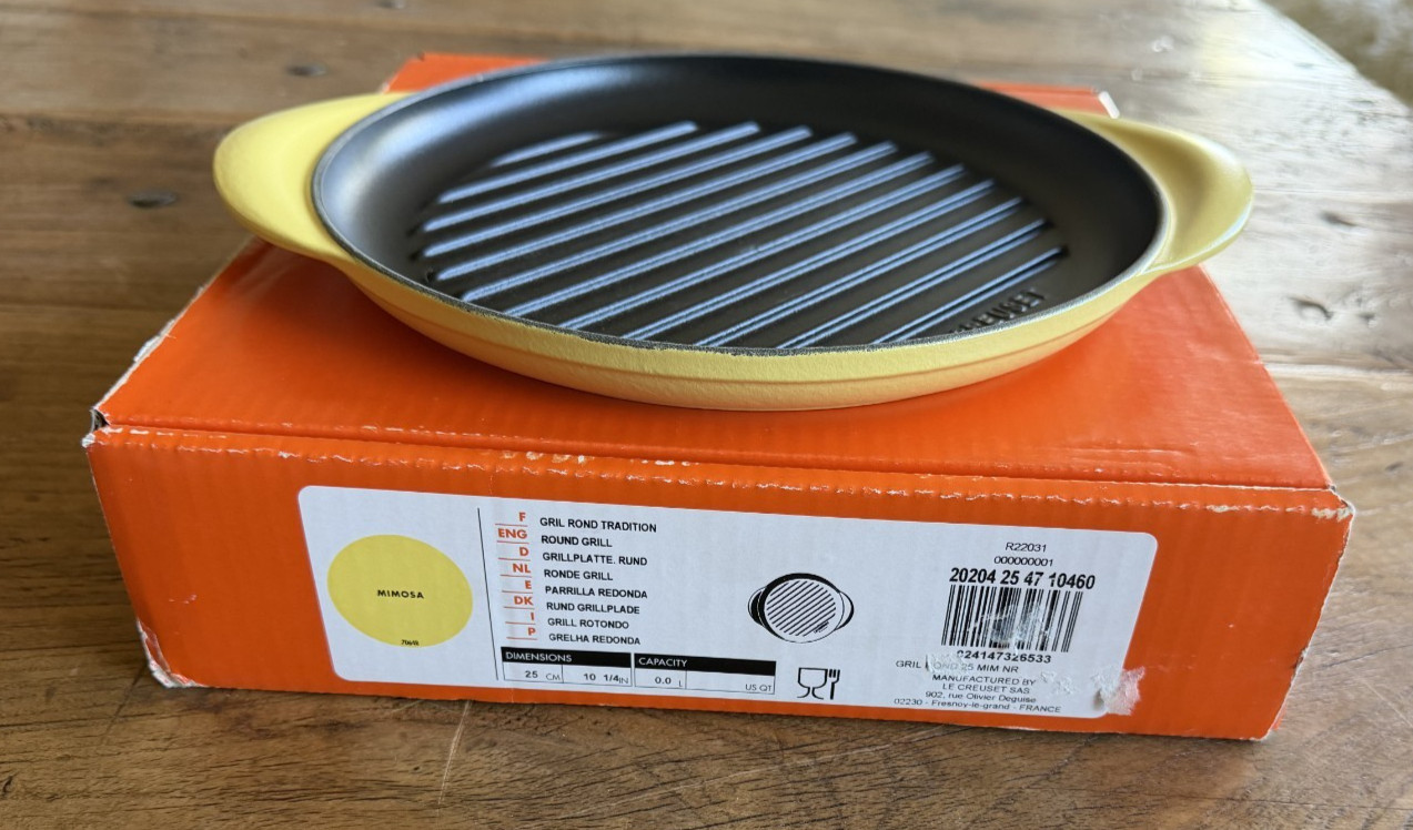 Le Creuset Enameled Cast Iron Round Grill Plate 25 cm 10.25 in Mimosa Yellow NEW