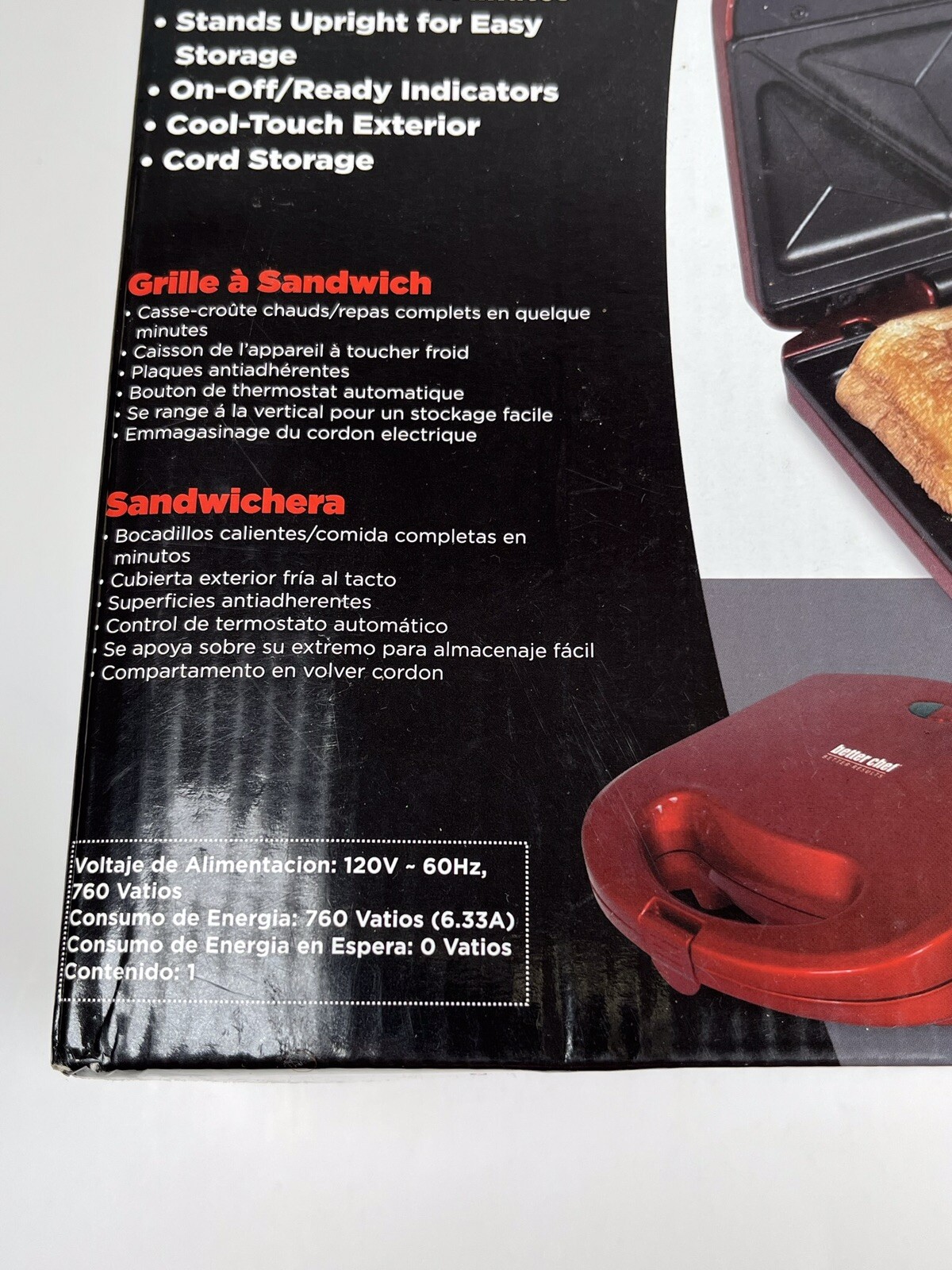 Better Chef Sandwich Grill Non Stick Cooking Surface Hot Model IM-287R Red NIB