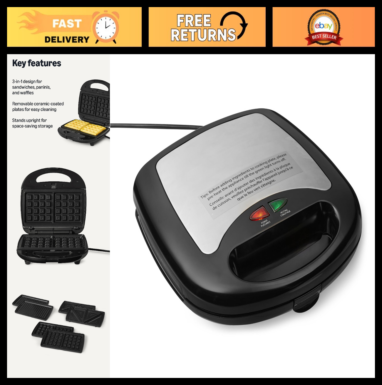 3-in-1 Sandwich Maker, Panini Press & Waffle Maker, Removable Plates, 760W, Spac