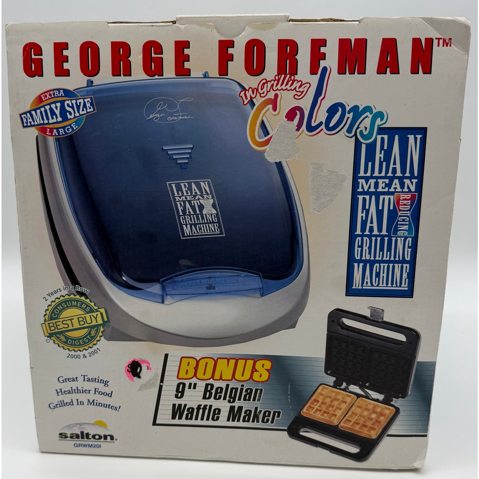 George Foreman Grill Blue Family Size with Bonus Salton Belgian Waffle Maker NEW