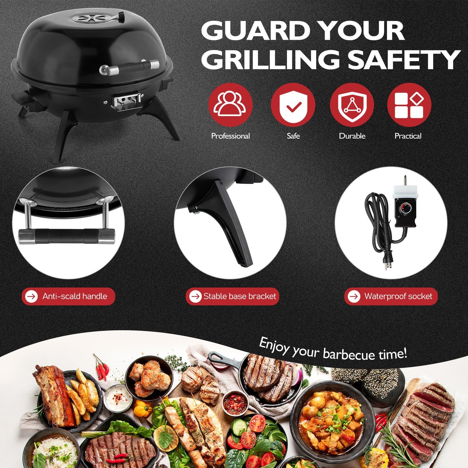 1600W Vertical Electric Grill w/Lid,Red 304 Stainless Steel Grill,Black Tabletop