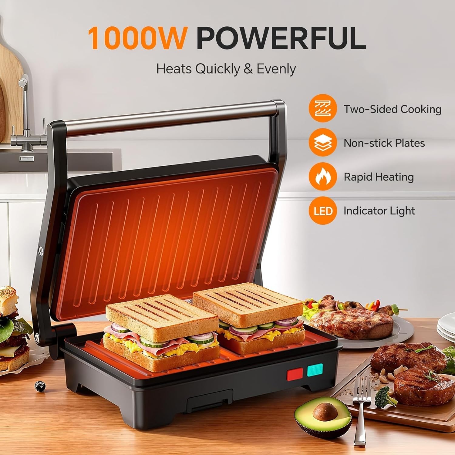 Press Grill, 1000W Sandwich Maker with Non-Stick Coated Plates, Opens …