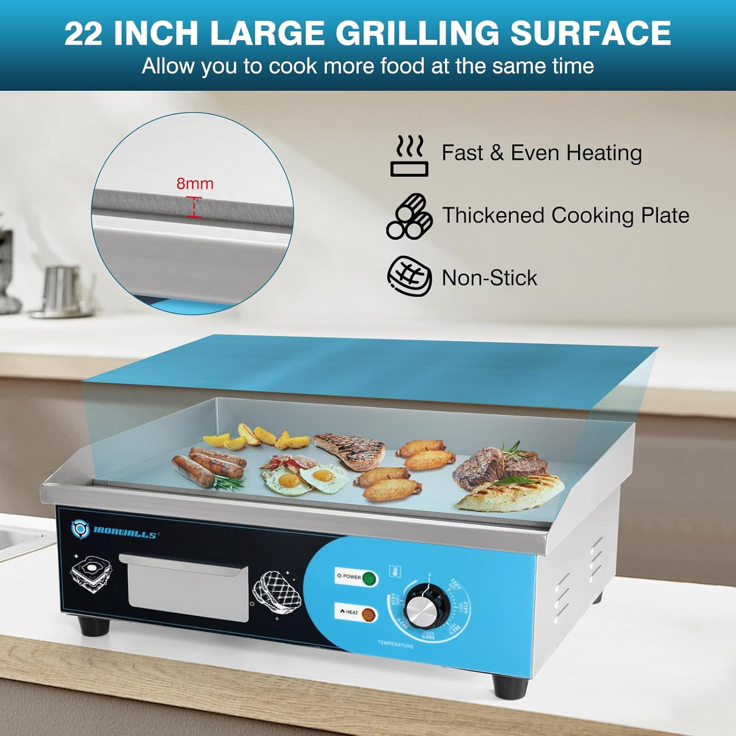 22″ Nonstick Electric Griddle 3000W with Adjustable Temperature Control