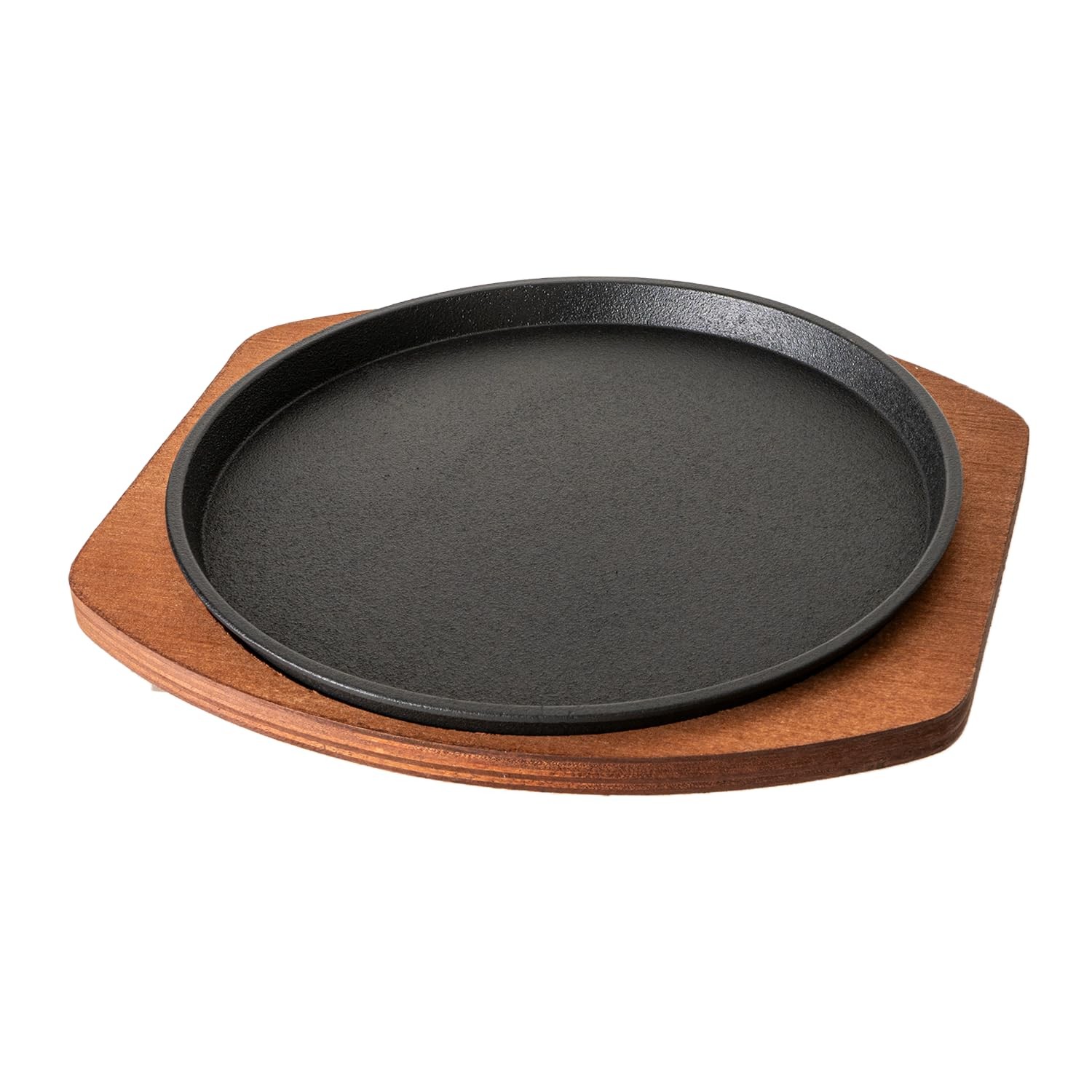 Cast Iron Steak Plate Sizzle Griddle Wooden Base Fajita Grill Round 8 Inch