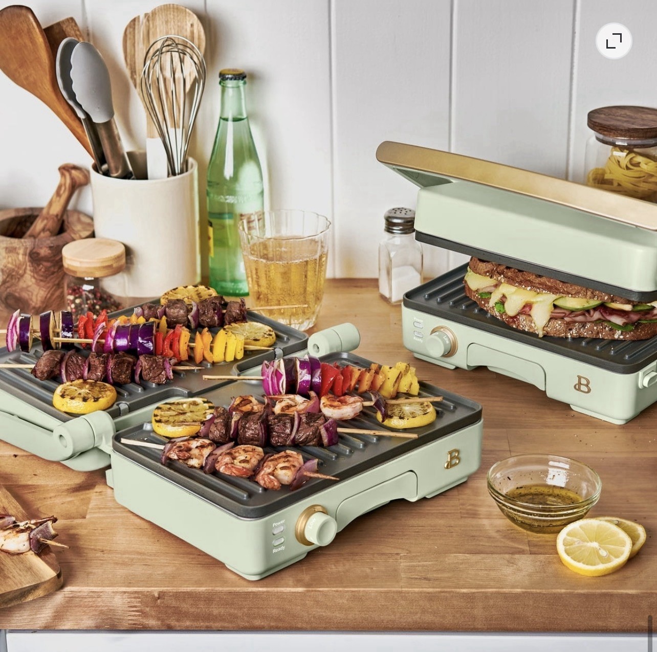 Beautiful 2-in-1 Panini Press Grill Sage Green Drew Barrymore Nonstick
