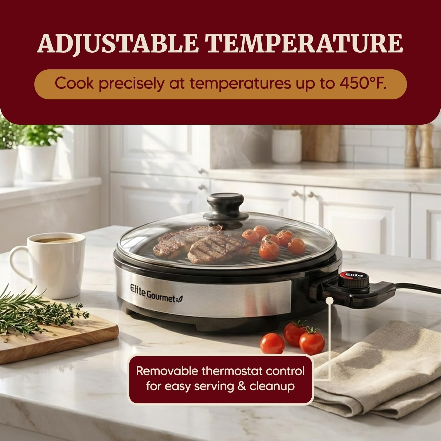 Indoor BBQ Grill 12″ with Glass Lid & Dishwasher Safe Parts – Quick Heat Up