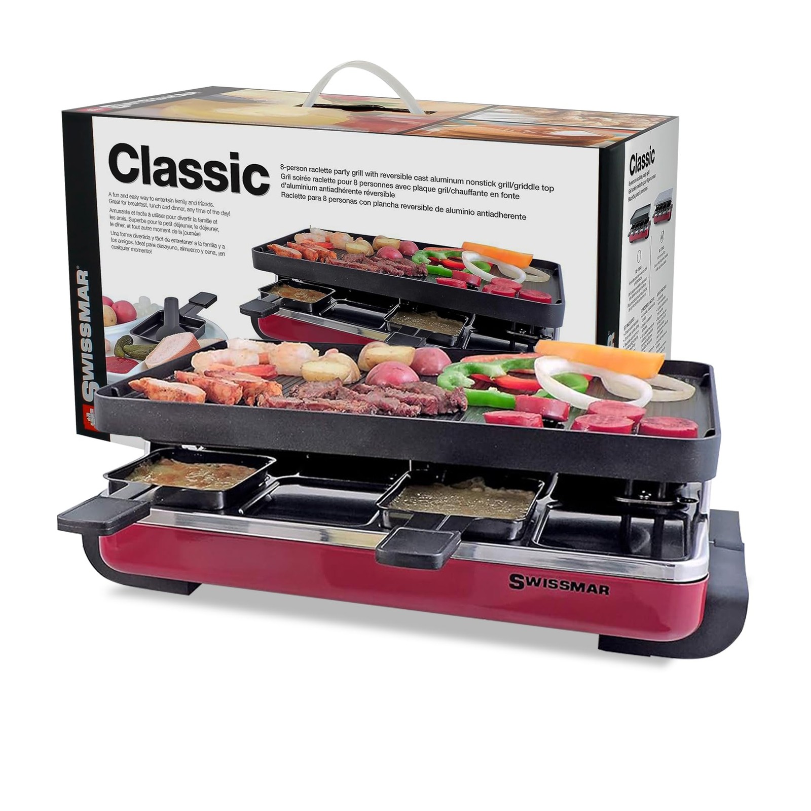 Swissmar Classic 8-Person Electric Raclette Grill Red 1200W Reversible Crepe Top