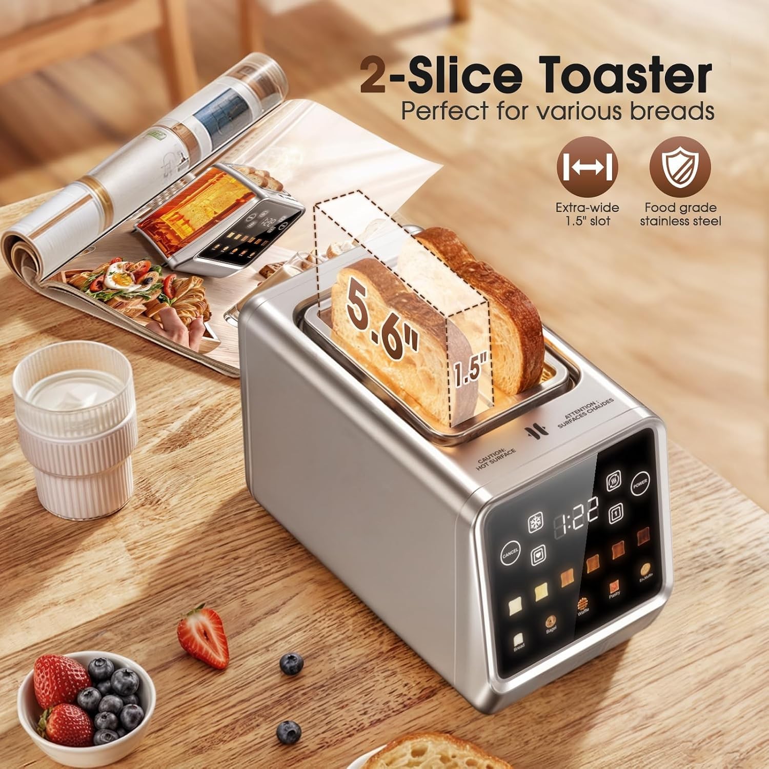 Touch Screen Toaster 2 Slice, Stainless Steel 2 Slots 2 Silver-Black