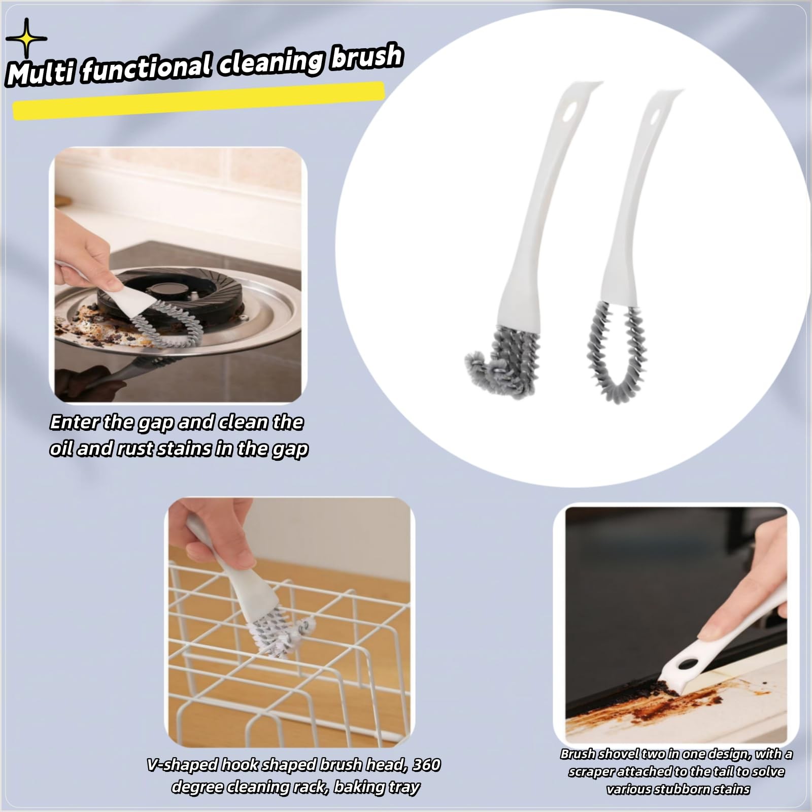2 Pack Oven, Stove & BBQ Cleaning Brush Set with Scraper White and Grey