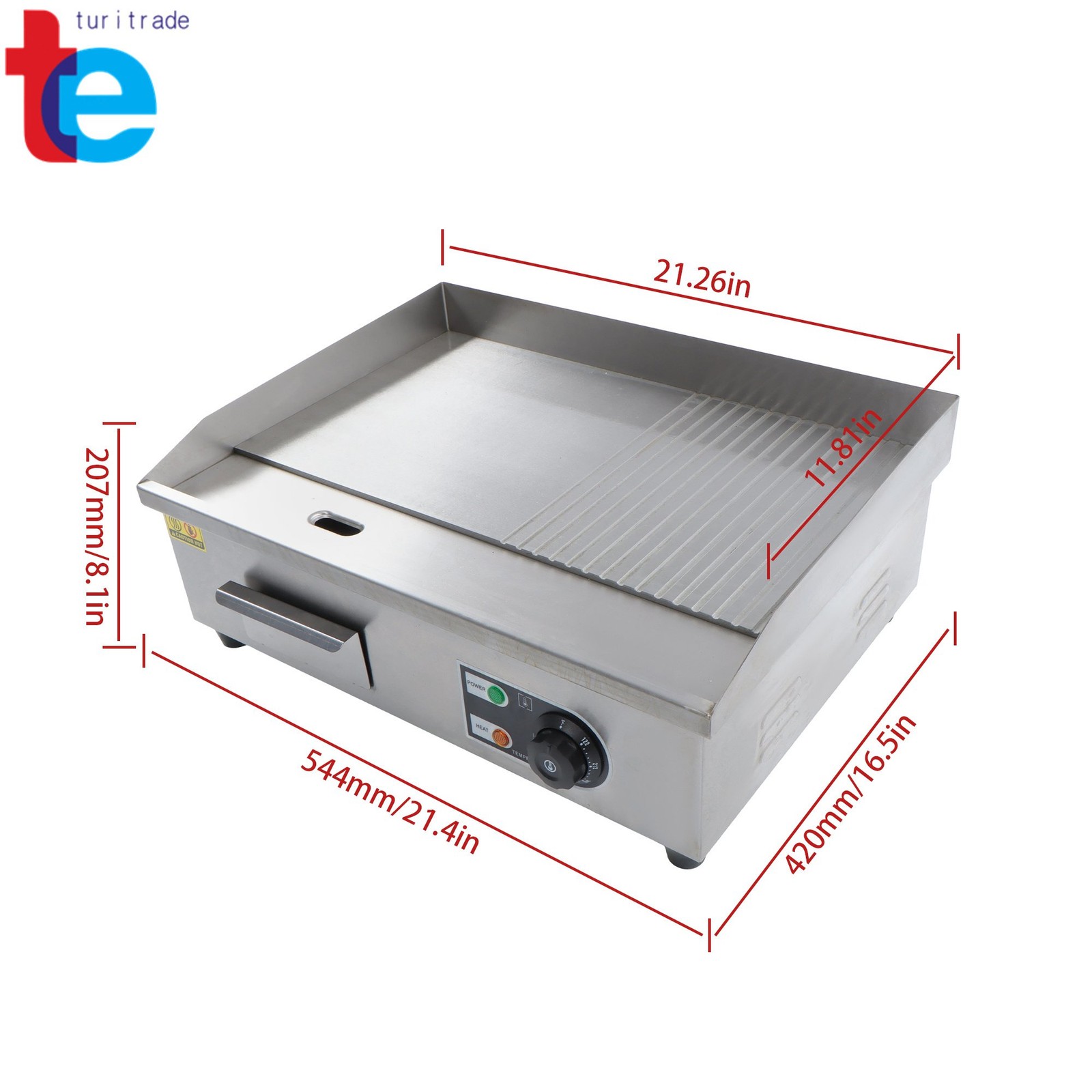 1600W Commercial Griddle, 22in Stainless Steel, 122-572°F Adjustable Temp