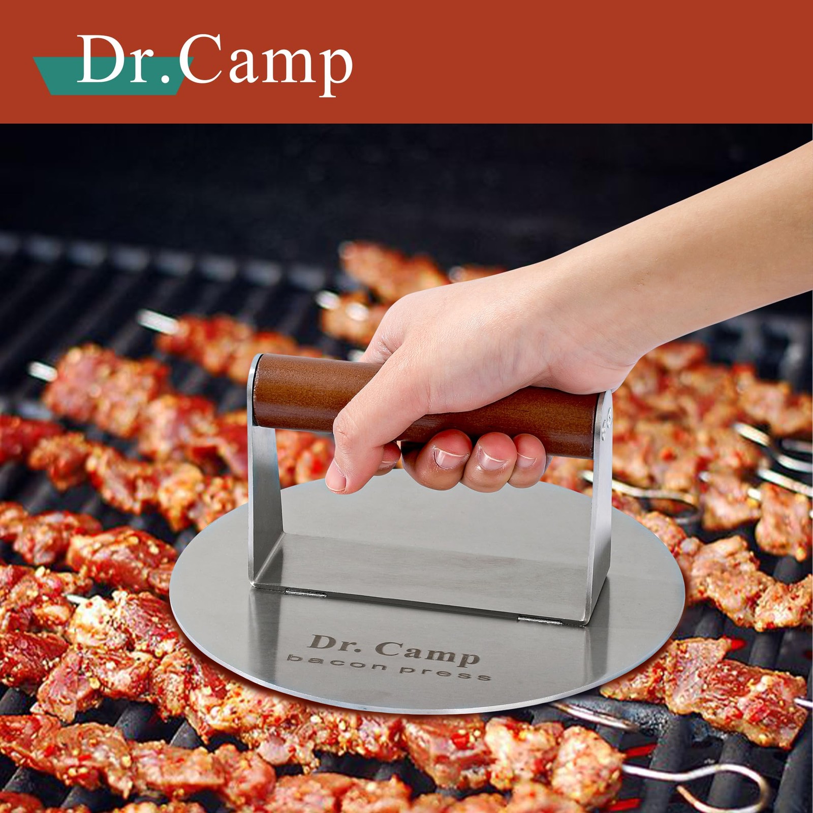 Dr.Camp 7 Inch Stainless Steel Smash Burger Press Smasher Bacon Silver