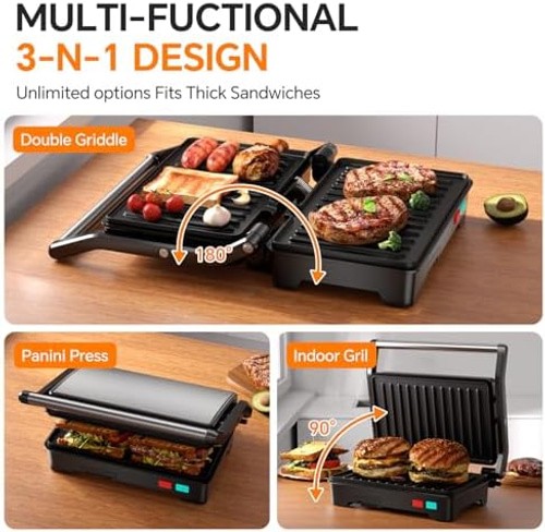 Panini Press Grill, 1000W Sandwich Maker with Non-Stick Coated Plates, Opens …
