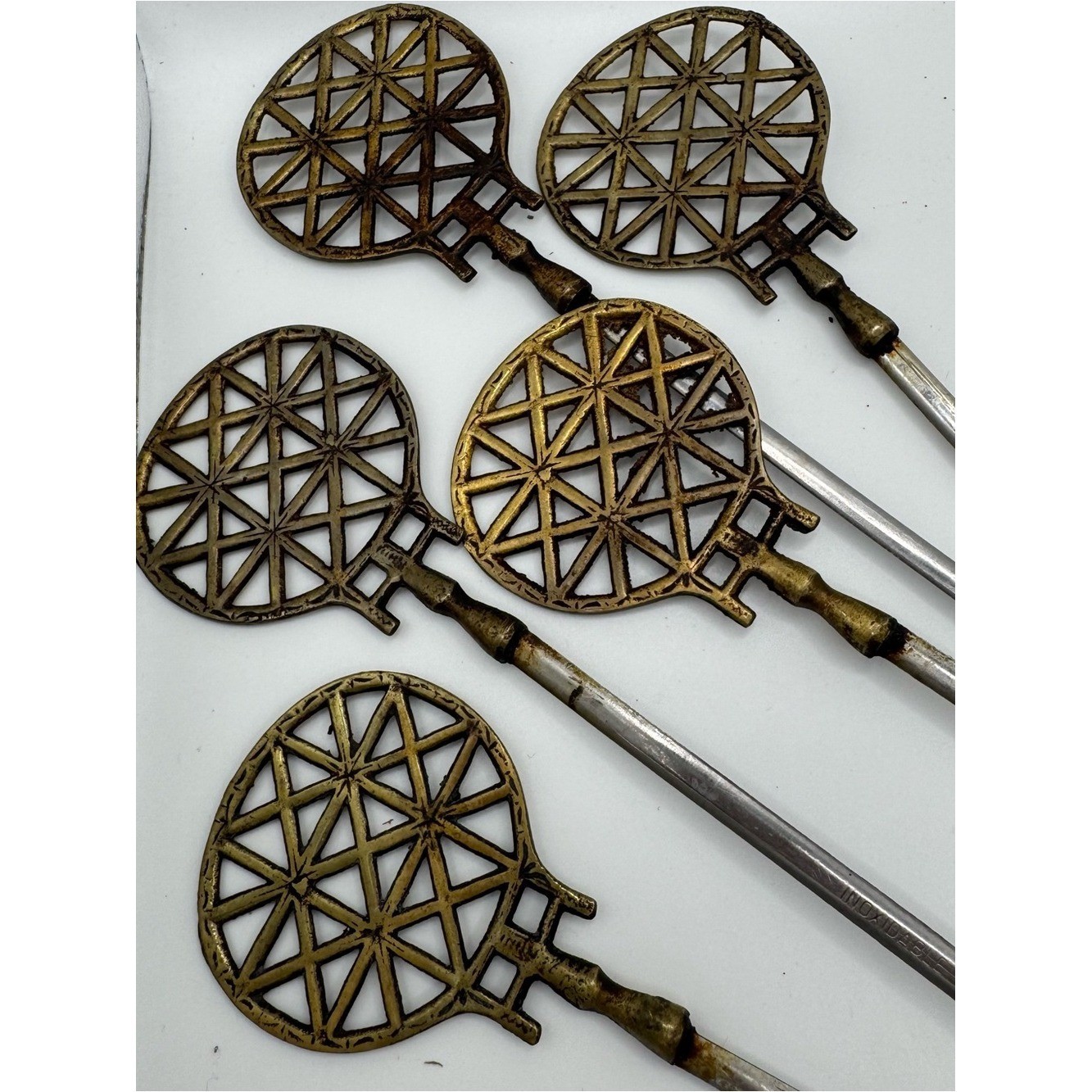 Vintage Brass Turkish Skewers Lot of 6 Inoxidable Stainless Steel Kabob MCM Bar