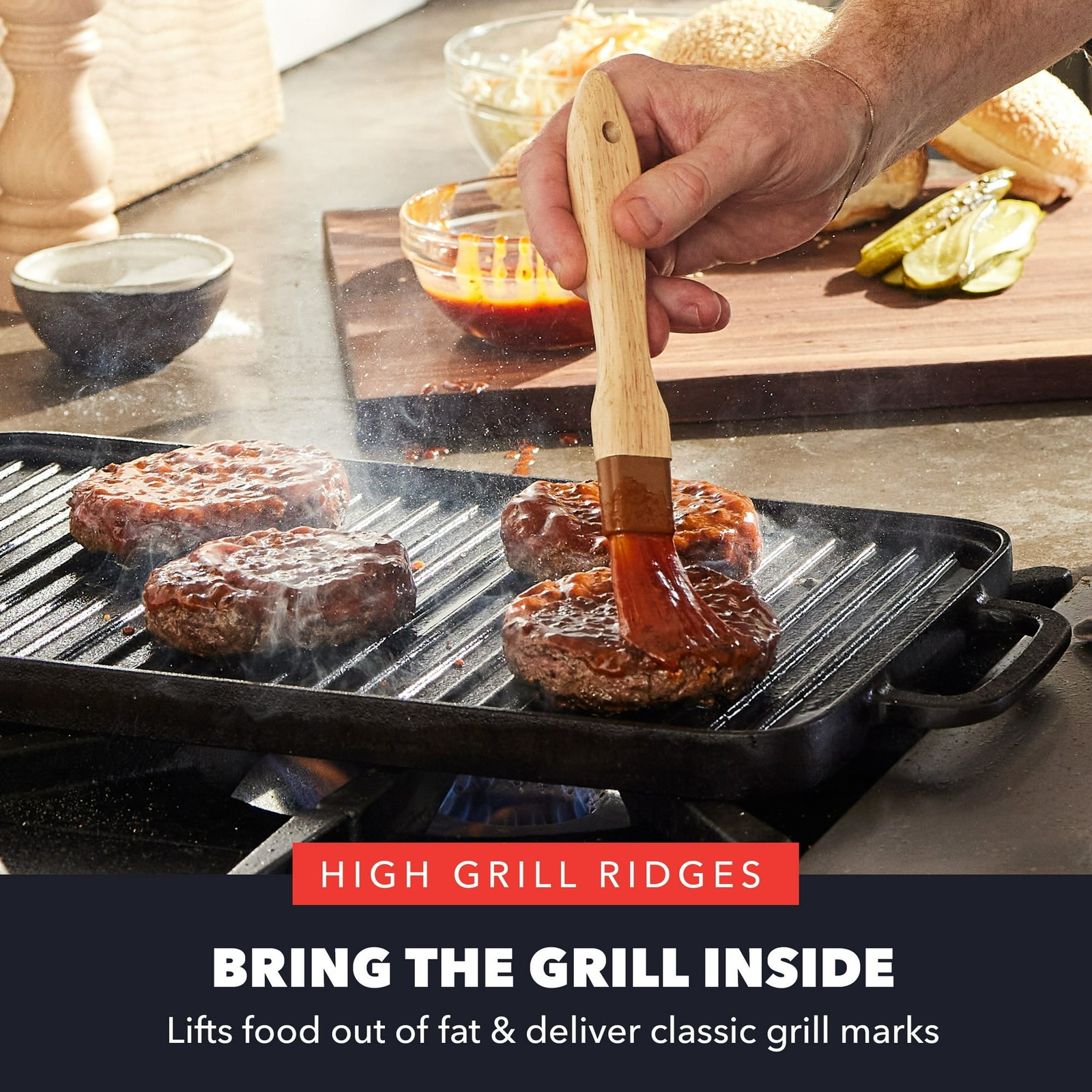 Bobby Flay Cast Iron Pre-Seasoned 11” Reversible Double Burner Rectangle Grill/G
