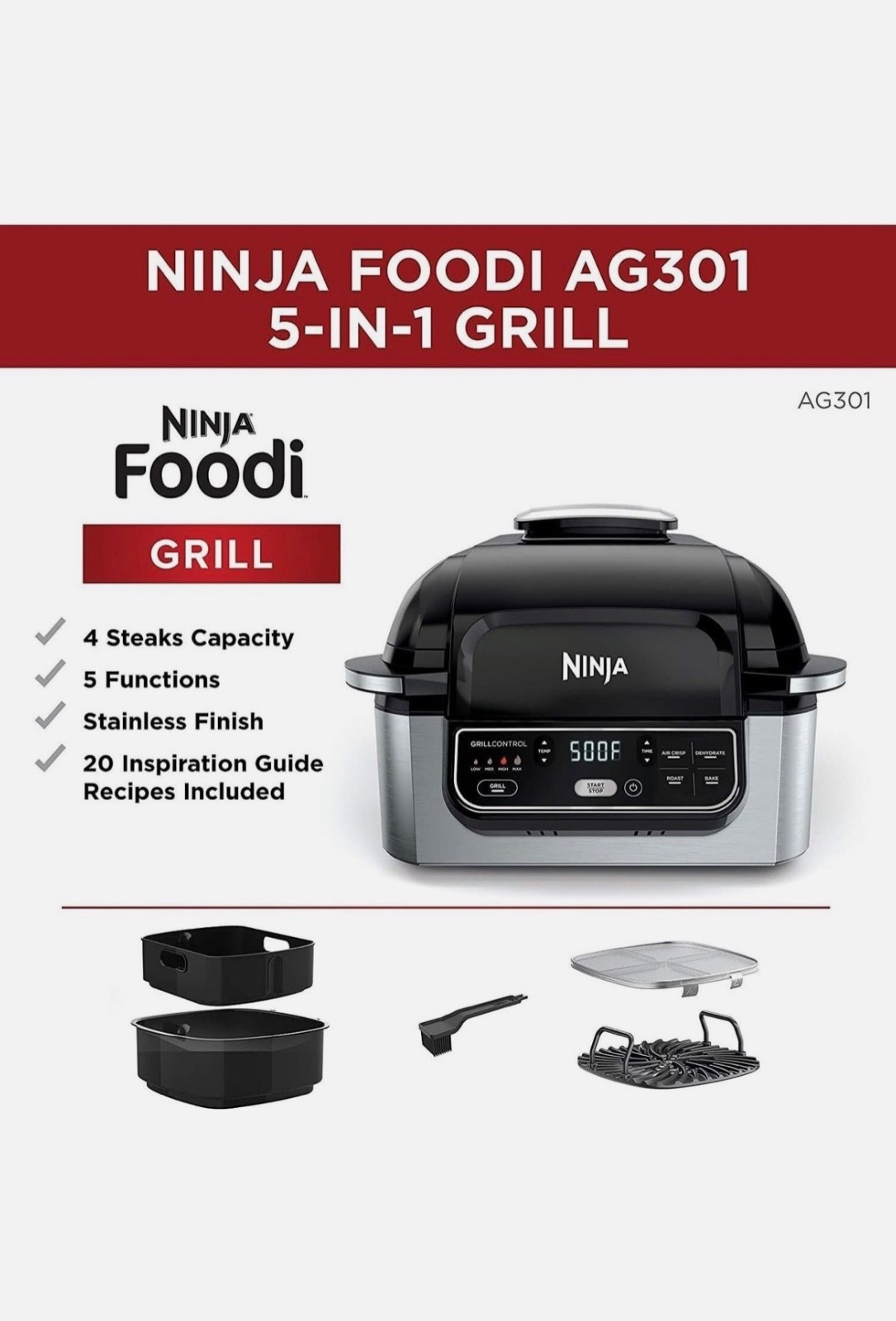 AG301 Foodi 5-in-1 Indoor Electric Grill w/Air Fry, Roast, Bake, & Dehydrate NEW