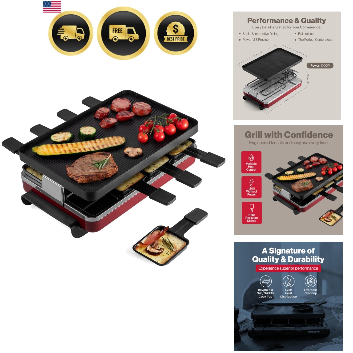 Classic 8-Person Raclette Party Grill with Reversible Cast Aluminum Non-Stick…