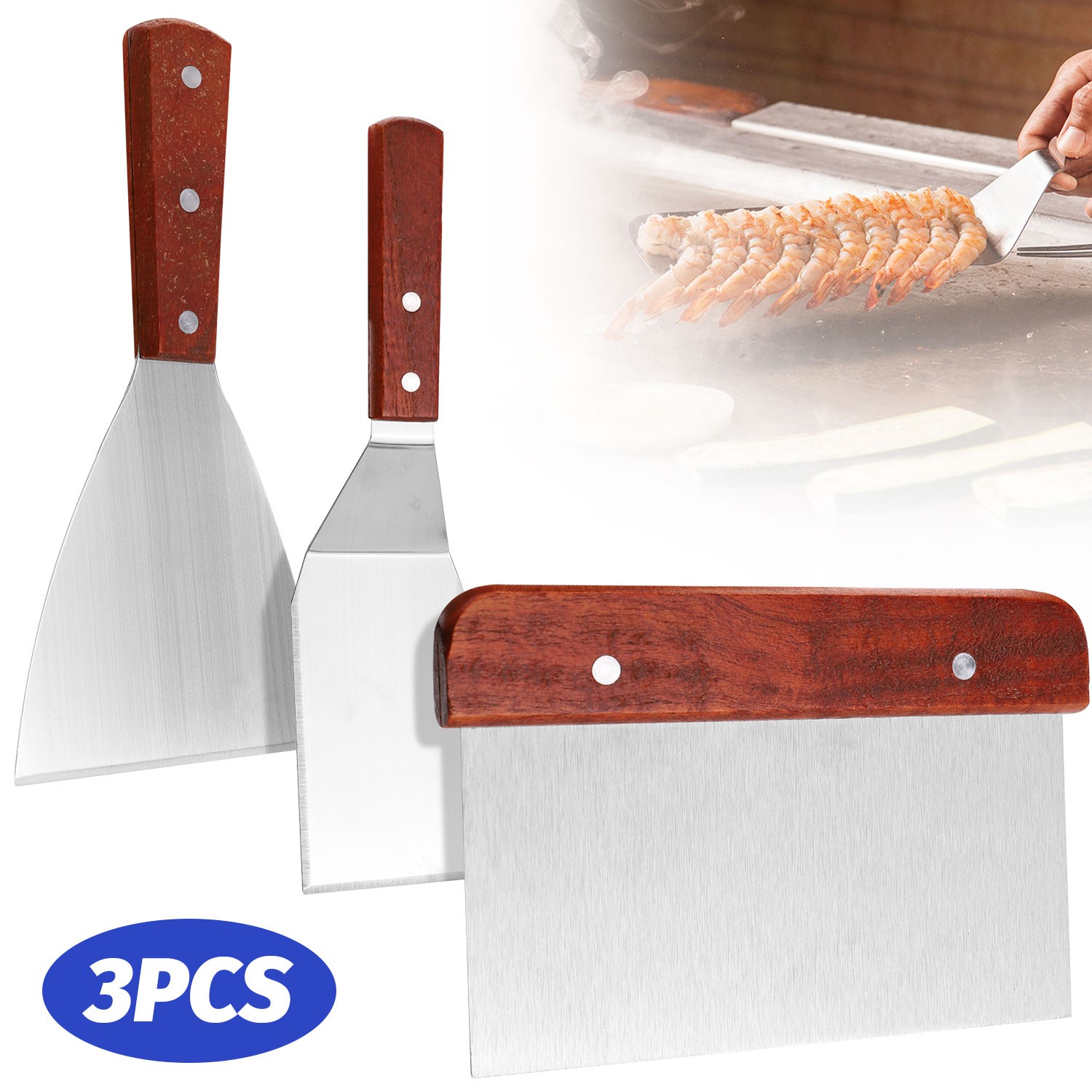3 Pcs Stainless Steel Spatula Set Scraper Spatula Turner Wooden Handle Kitchen