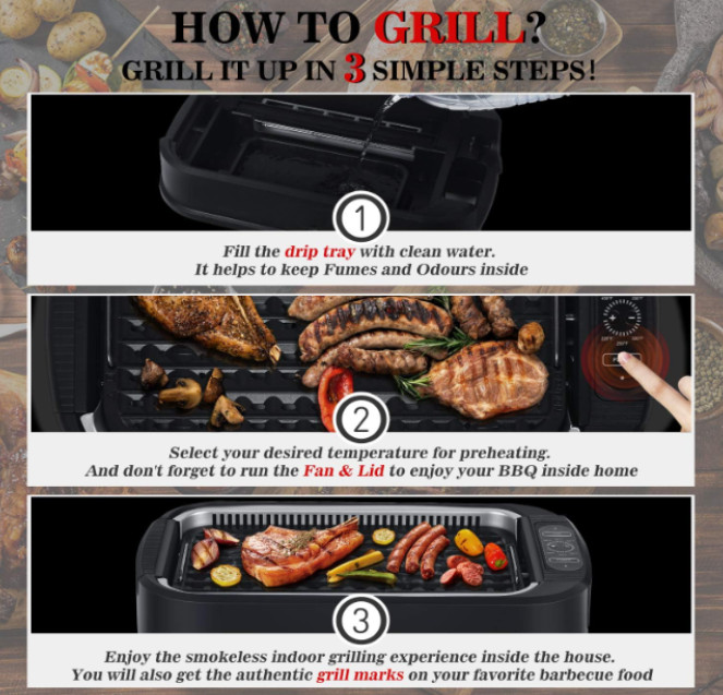 Parrilla eléctrica interior sin humo 1500W con tapa de vidrio y control 6 nivele