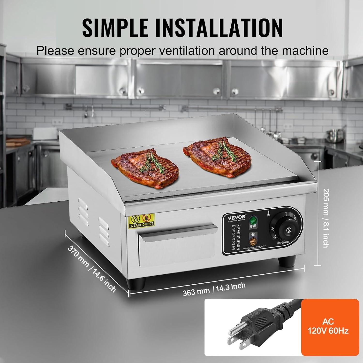 Compact 14″ Countertop Flat Top Griddle with 122-572°F Temp Control for Chefs