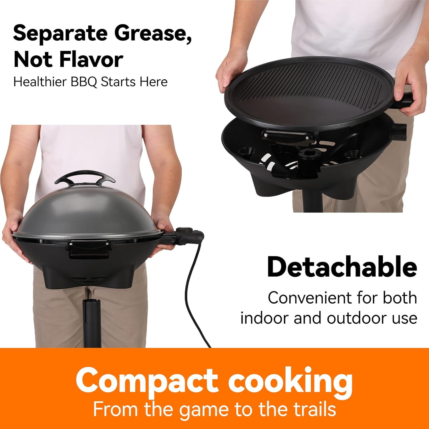 2-In-1 Electric Grill & Portable BBQ with Non-Stick Pan – Gray