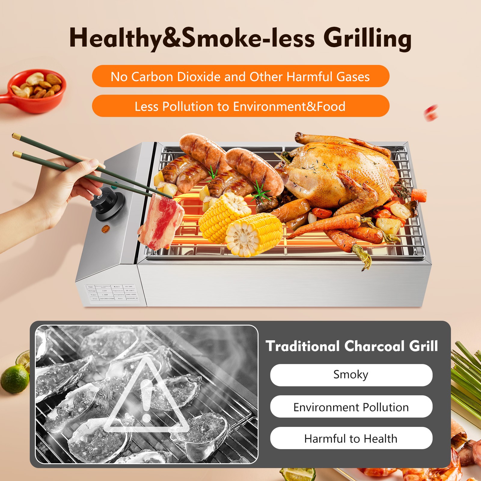 Portable Commercial Electric BBQ Grill Smokeless Barbecue Cooking Grill 1800W US