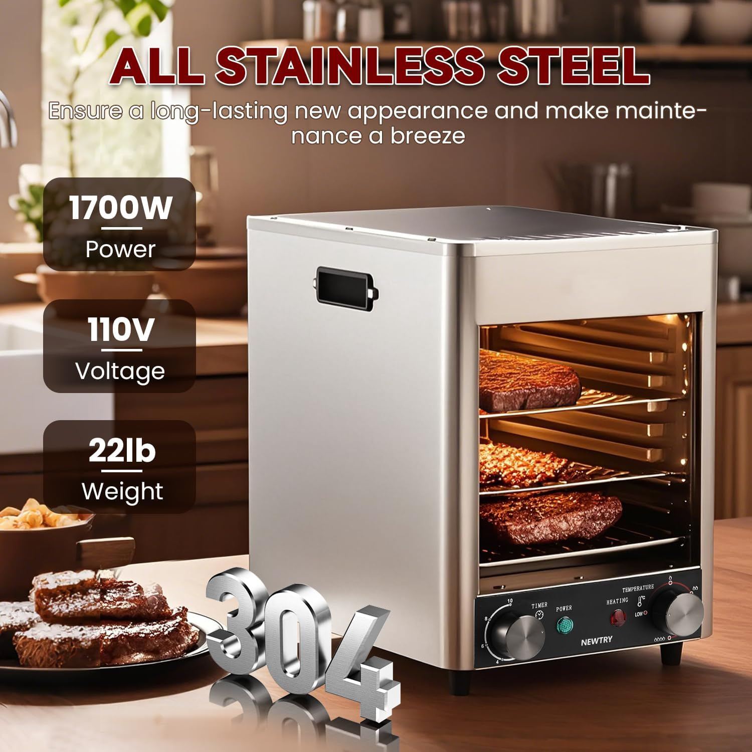1700W Indoor Electric Steak Grill & Smoker with Adjustable Temperature