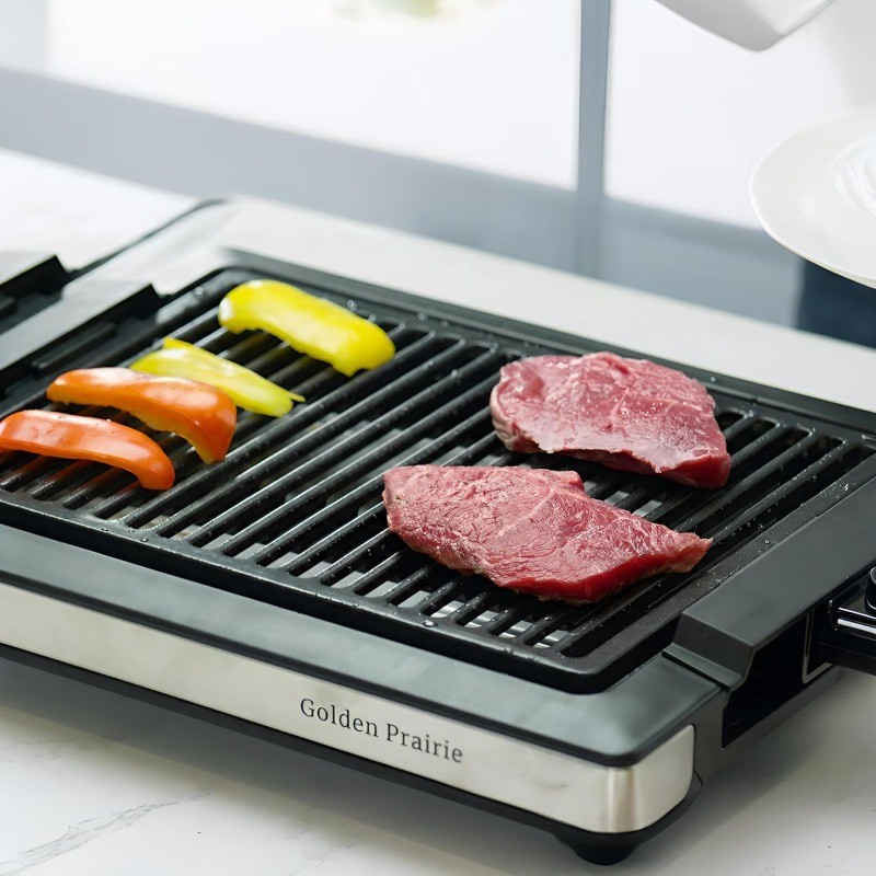 Electric Smokeless, 1600W BBQ Grill Water-Filled Drip Tray, 15-Inch Nonstick