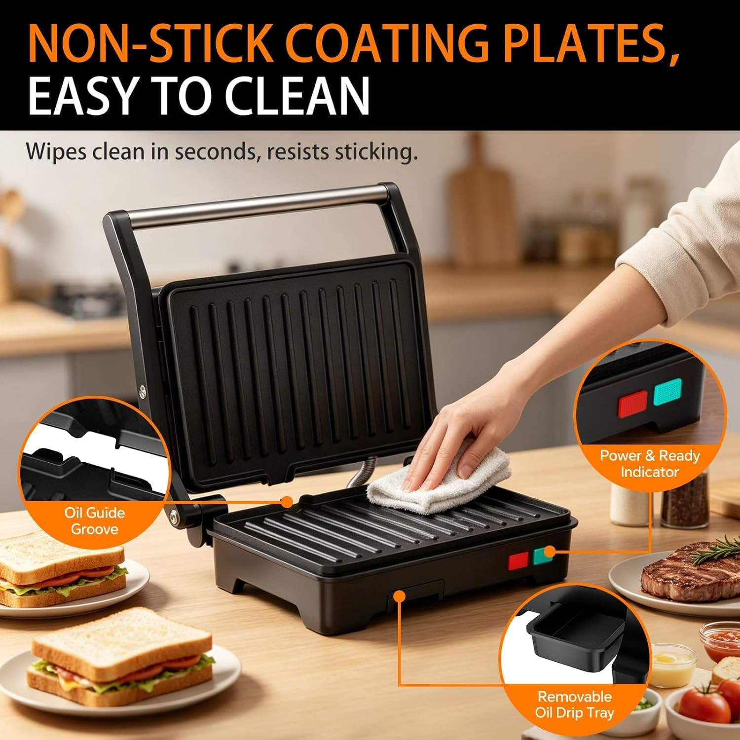 Panini Press Grill, Sandwich Maker with Non-Stick Coated Plates & Removable Drip