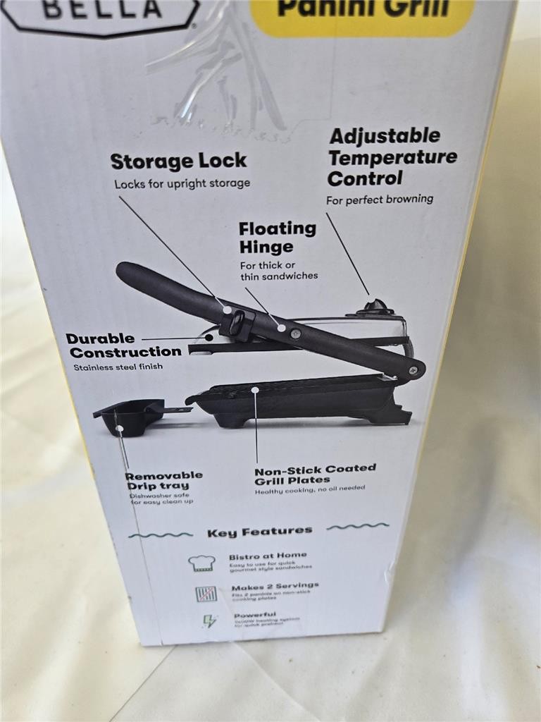 &= Bella Panini Grill Nonstick Grill Plate Removable Drip Tray 1400W Home Bistro