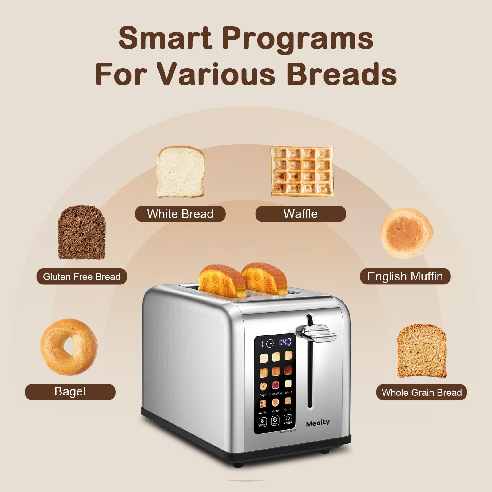 Mecity 2 Slice Toaster Touch Screen 1.5″ Wide Slot, 2 Slice, Stainless Steel