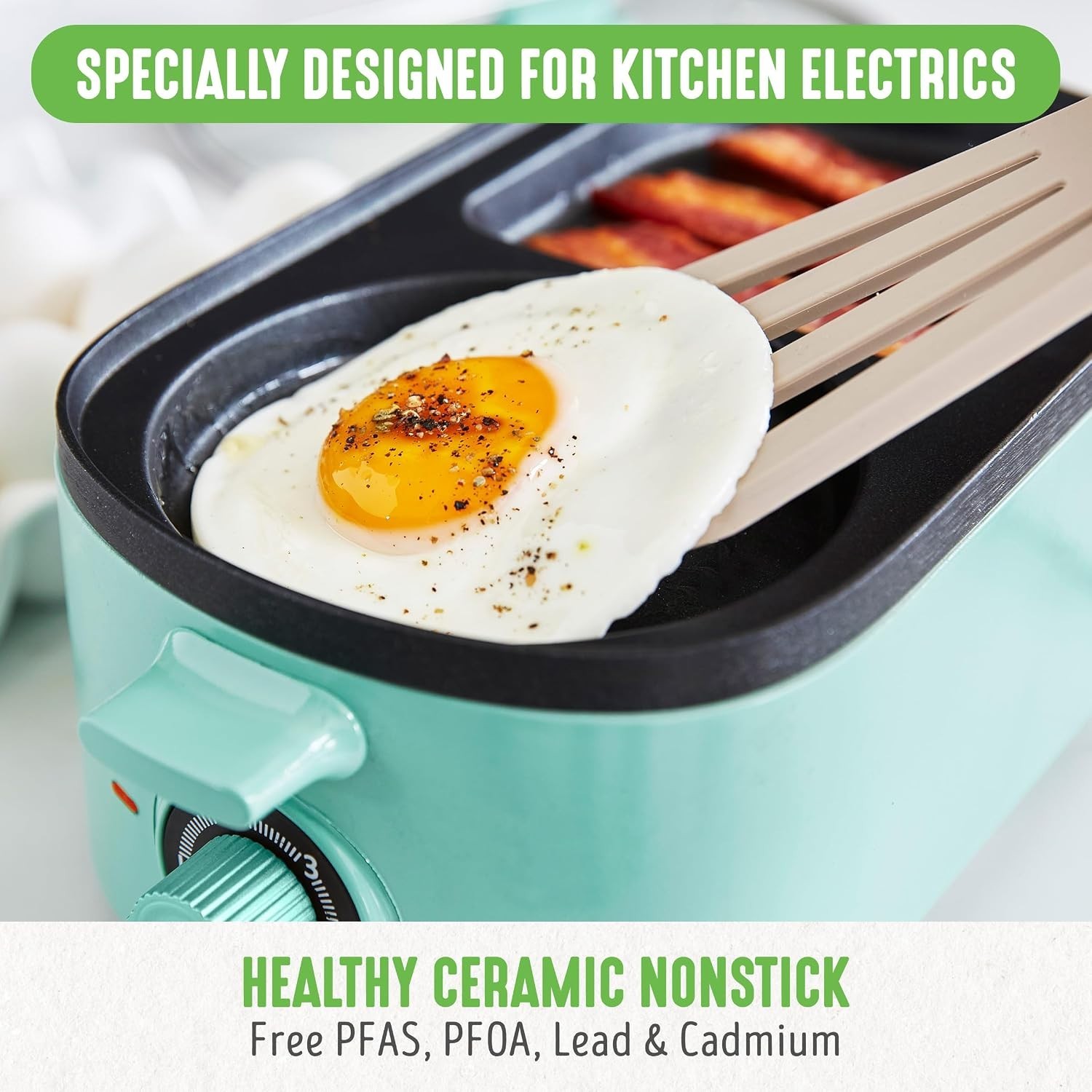 Turquoise 3-in-1 Breakfast Maker: Healthy Ceramic Nonstick, Dual Griddles, To…